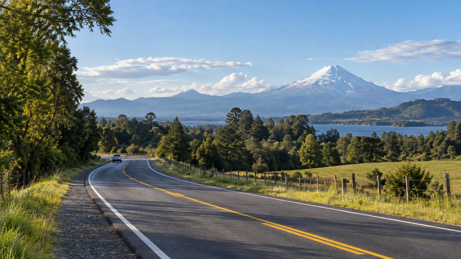 Camino pavimentado que cruza campos verdes del sur de Chile entre árboles y cercos