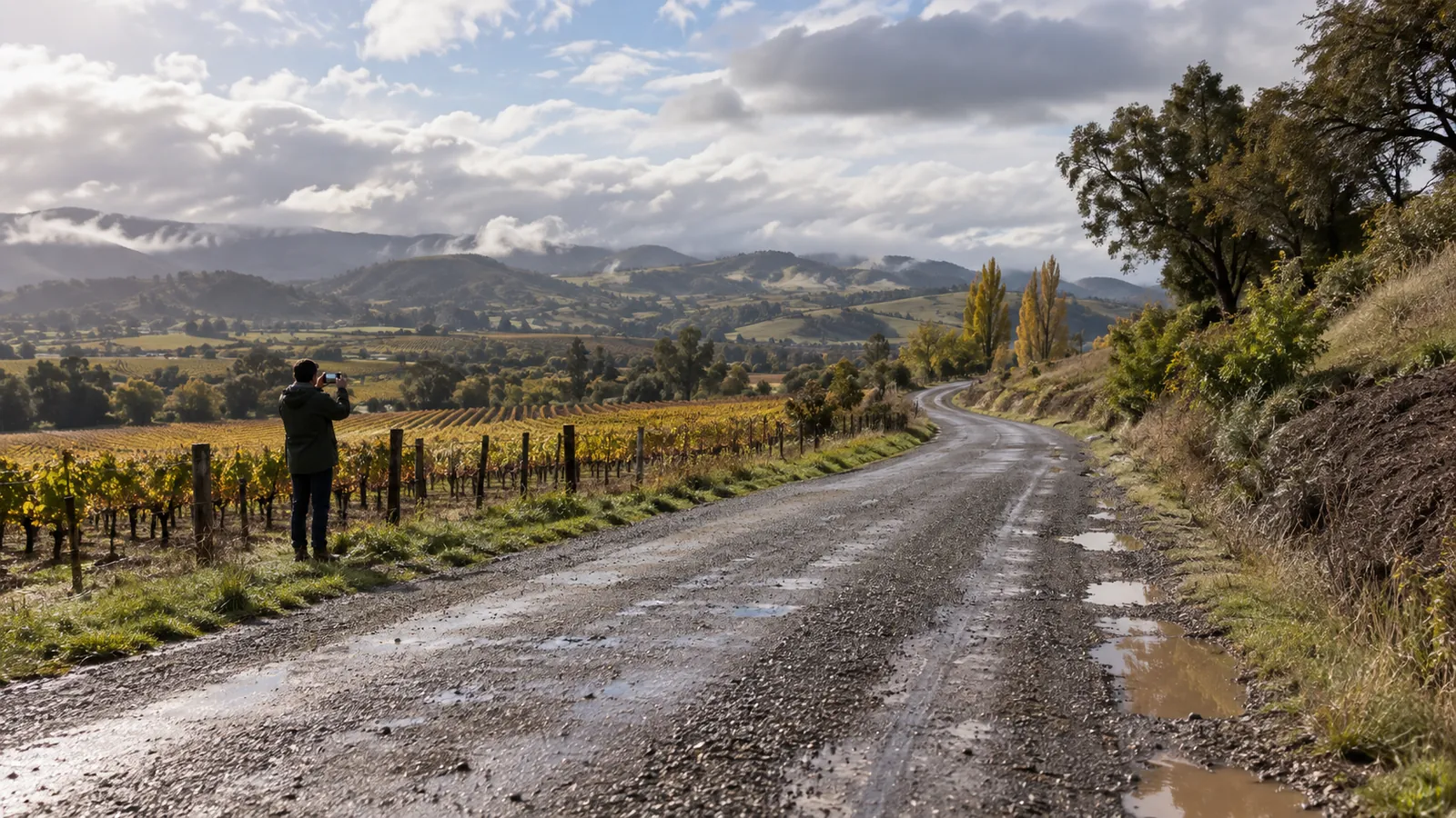 Camino rural de ripio húmedo en una zona agrícola después de la lluvia