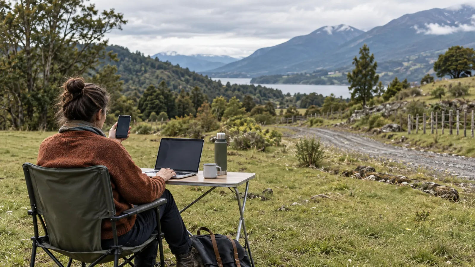 Persona trabajando con un computador portátil y un teléfono en una mesa plegable, en un campo con vista a un lago y montañas
