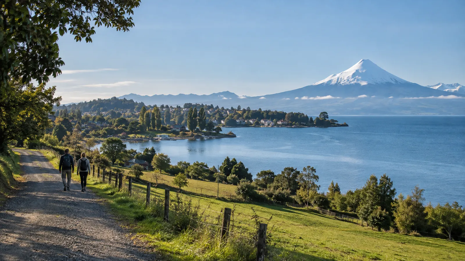 Camino rural junto a un lago del sur de Chile, con praderas, casas dispersas y un volcán nevado al fondo